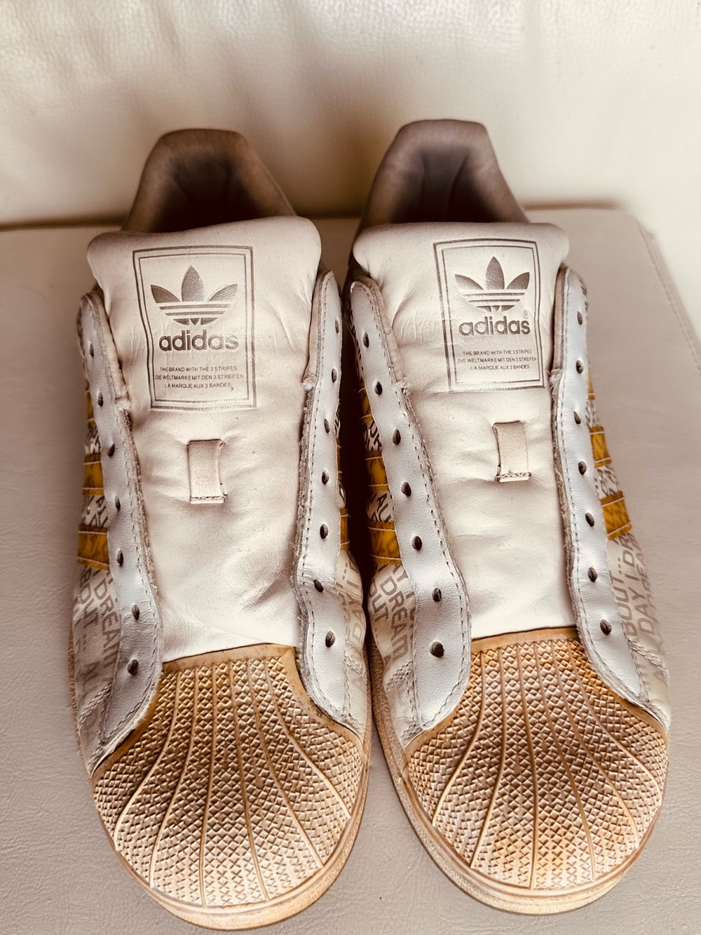 Adidas Men’s White & Gold Shell-Toe Sneakers, special Edition, All day I dream a